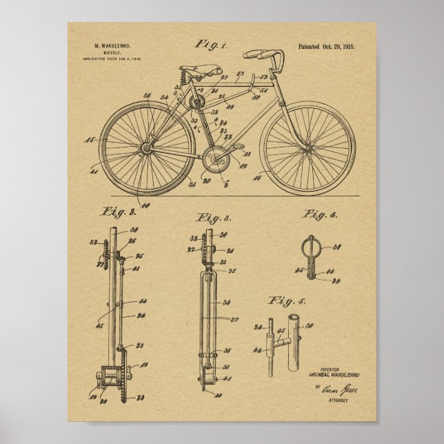 1918 Chainless Bicycle Design Patent Art Print Poster (Vorne)