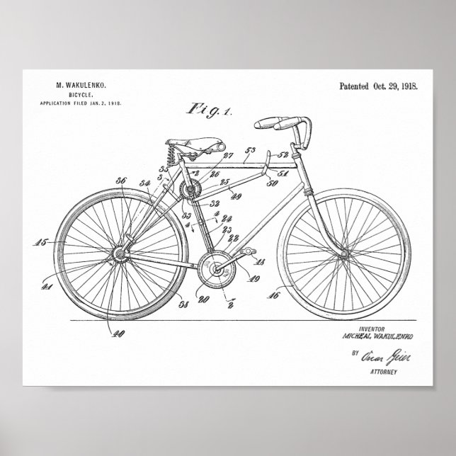 1918 Chainless Bicycle Design Patent Art Print Poster (Vorne)