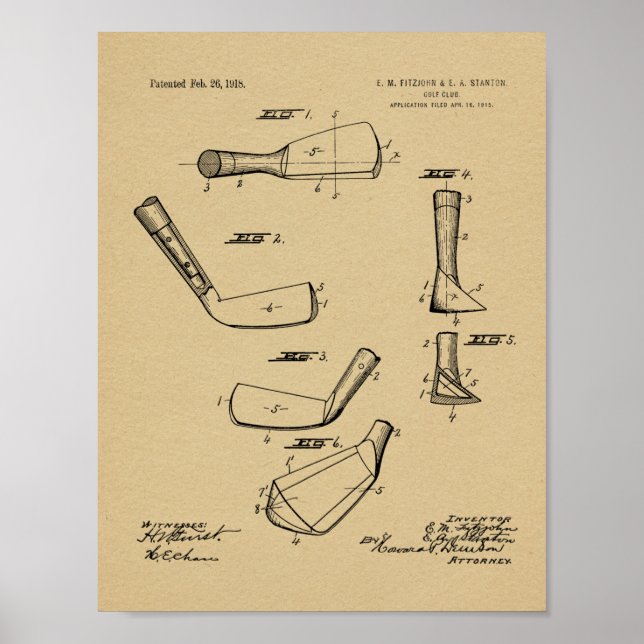 1918 Golf Club Head Patent Art Zeichnend Print Poster (Vorne)