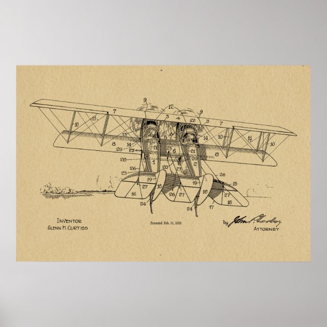 1919 Flugzeug-Biplane-Patent Zeichnend Kunstdruck Poster (Vorne)