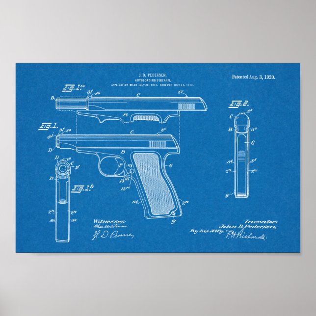 1920 Automatisches Schusswaffenpatent Zeichnend Pr Poster (Vorne)