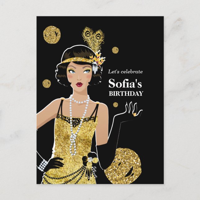 1920 Flapper Girl Einladung, Geburtstag Gatsby Einladungspostkarte (Vorderseite)