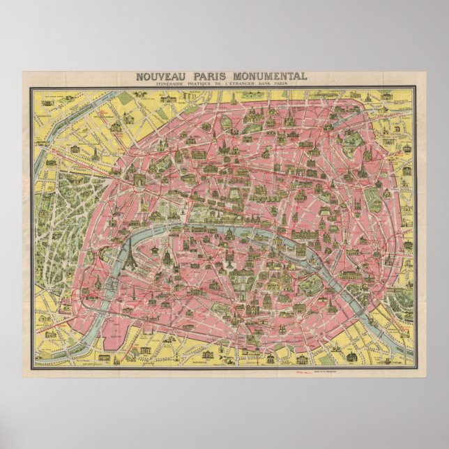 1920 Landschaftlich Sights Travel Map of Paris, Fr Poster (Vorne)
