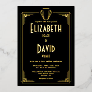 1920er Art Deco Hochzeit Schwarz und Gold Folieneinladung