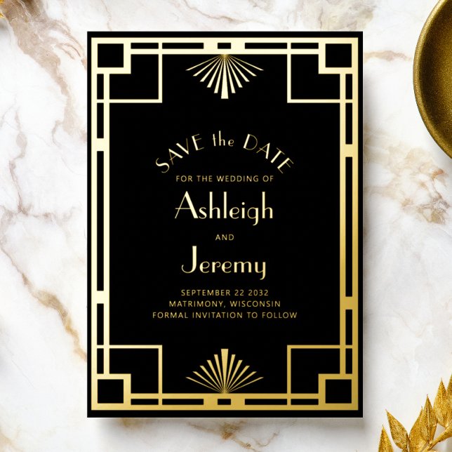 1920er Deco Schwarz Gold Hochzeit Save the Date Folieneinladung (Von Creator hochgeladen)