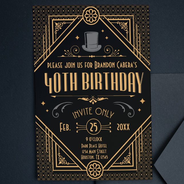 1920er Jahre Art Deco Black & Gold 40th Birthday P Einladung (40th birthday speakeasy 1920s gold invite casino Art Deco cool classy unique invitation for him)
