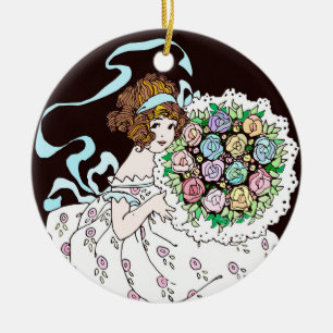 1920er Jahre Blumenmädchen mit Blumenstrauß Kerami Keramik Ornament