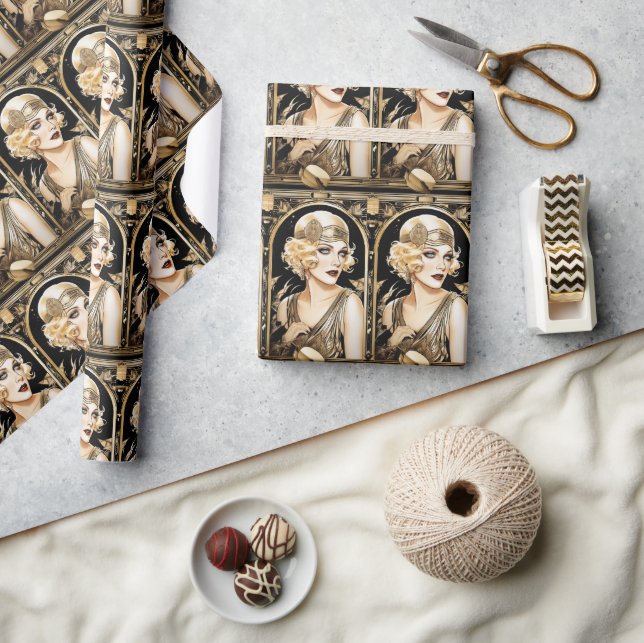 1920er Jahre flapper Girl Großgatsby Black Gold Pa Geschenkpapier (Kunsthandwerk)
