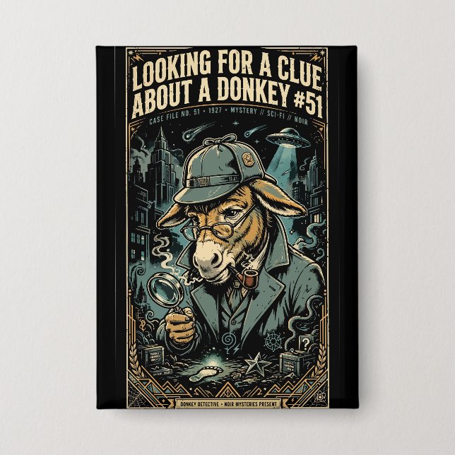 1920s Detective Donkey Noir Comic Button (Vorderseite)