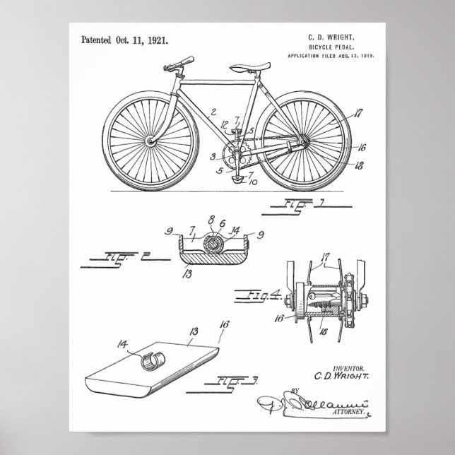 1921 Bicycle Pedal Design Patent Art Print Poster (Vorne)