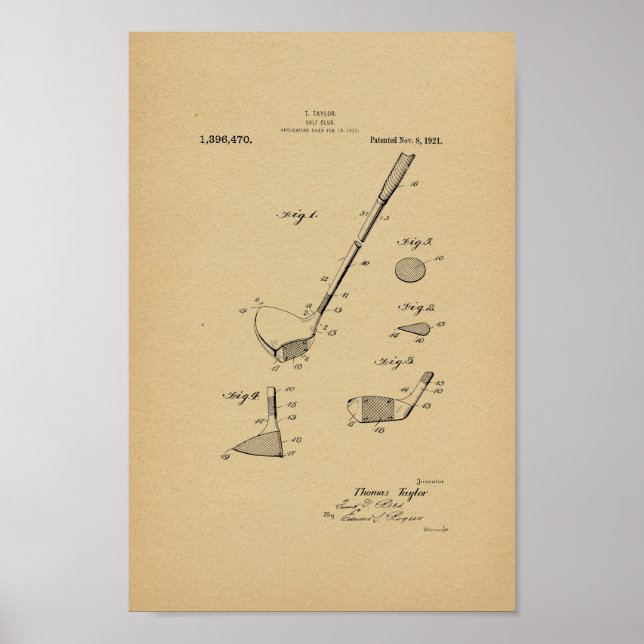 1921 Vintager Taylor Golf Club Patentschrift Art P Poster (Vorne)