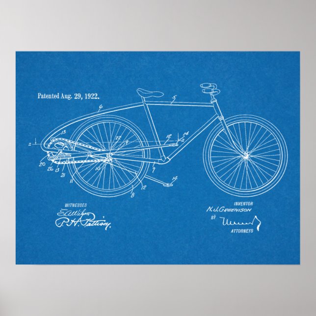 1922 Vintages Fahrrad Patent Blueprint Art Print Poster (Vorne)