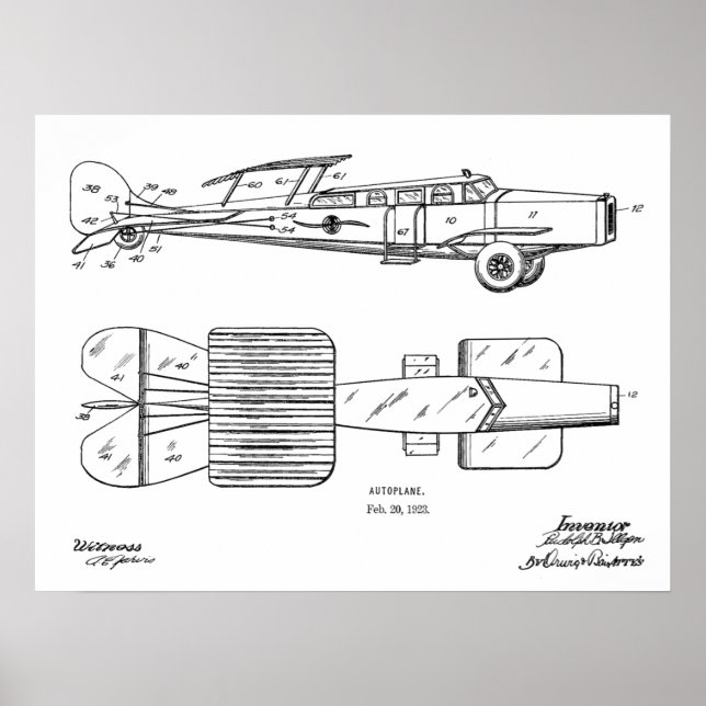 1923 Autoplane Autoplane Patent Art Zeichnend Prin Poster (Vorne)