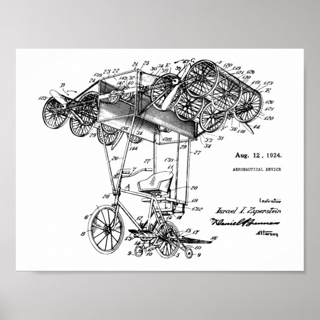 1924 Flying Bicycle Airplane Patent Zeichnend Druc Poster (Vorne)