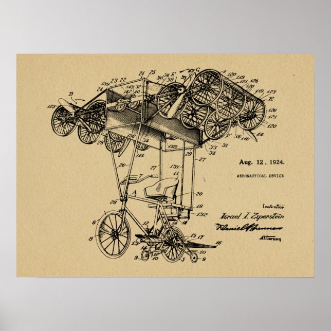 1924 Flying Bicycle Airplane Patent Zeichnend Druc Poster (Vorne)