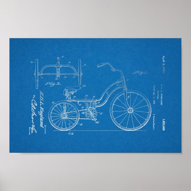 1925 Vintag Tricycle Patent Blueprint Art Print Poster (Vorne)