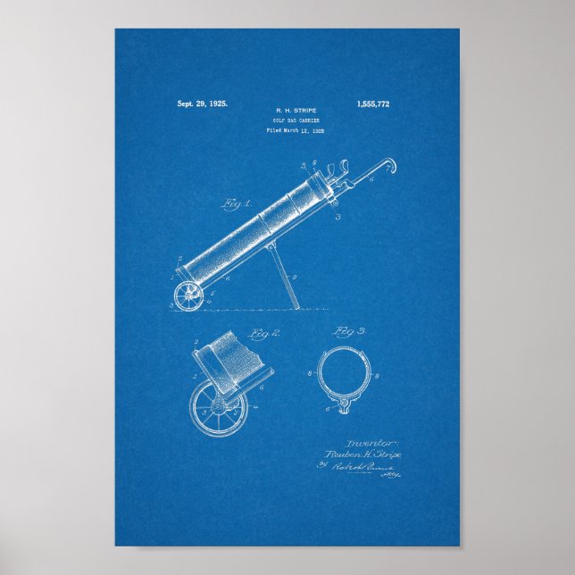 1925 Vintager Golf Bag Patentschrift Blueprint Art Poster (Vorne)