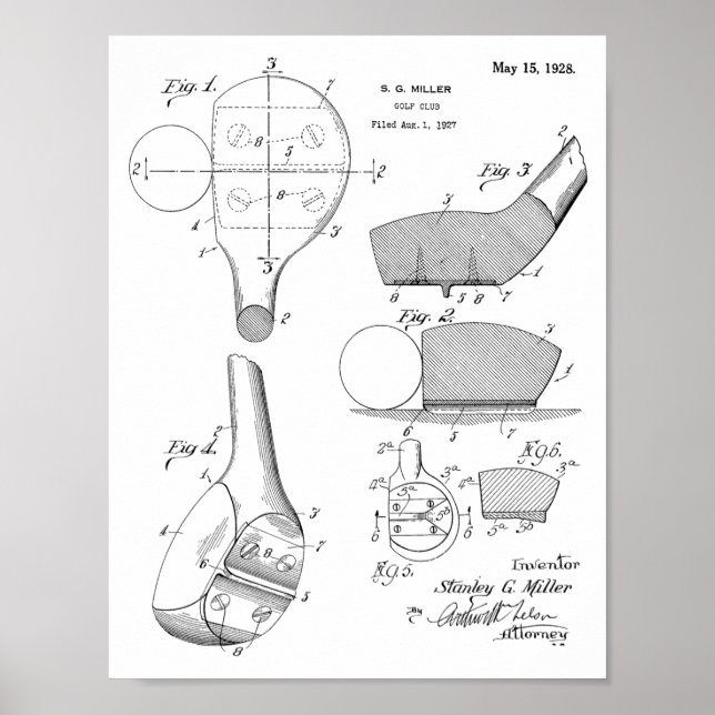 1928 Golf Club Head Patent Art Zeichnend Print Poster (Vorne)
