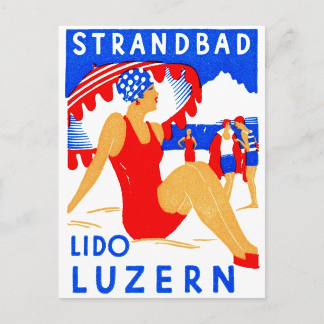 1929 Art Deco Strandbad Lido Luzern Postkarte (Vorderseite)