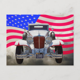 1929 Cord 6-29 Cabriolet und amerikanische Flagge Postkarte