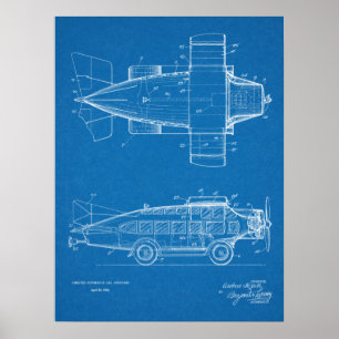 1930 Flying Car Airplane Patent Art Zeichnend Prin Poster