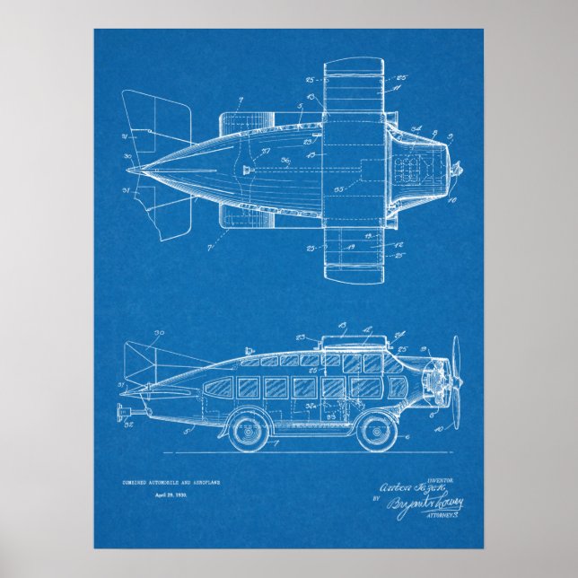 1930 Flying Car Airplane Patent Art Zeichnend Prin Poster (Vorne)