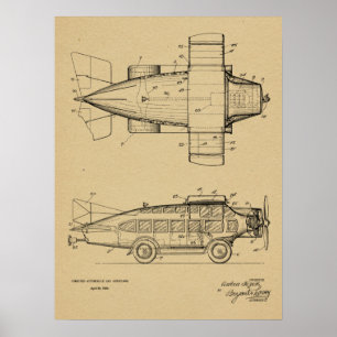 1930 Flying Car Airplane Patent Art Zeichnend Prin Poster