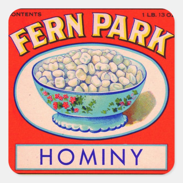 1930er Fern Park hominy Grits Label print Quadratischer Aufkleber (Vorderseite)