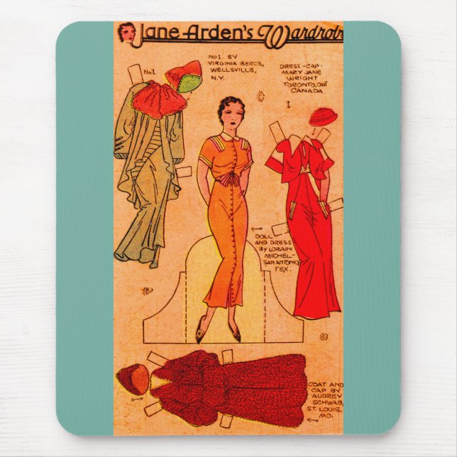 1930er Jane Arden Papier Puppe blauen Kleid rot Kl Mousepad (Vorne)