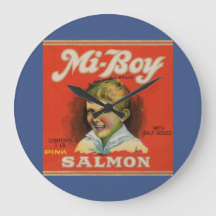 1930s Mi-Boy pink salmon can label Große Wanduhr