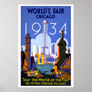 1934 Weltausstellung Chicago Reise um die Welt Vin Poster
