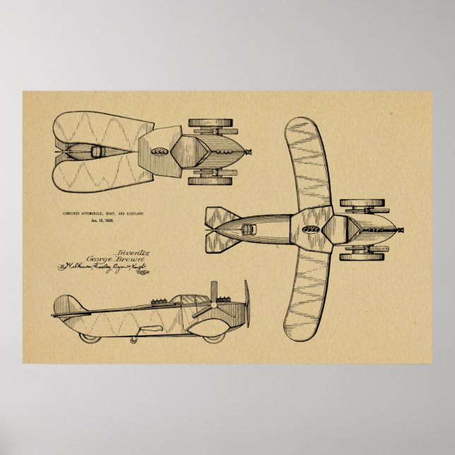 1935 Patent für ein Flugzeug mit fliegendem Kfz-Sc Poster (Vorne)