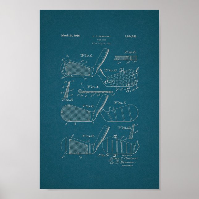1936 Vintager Golfclub Patent Blueprint Art Print Poster (Vorne)