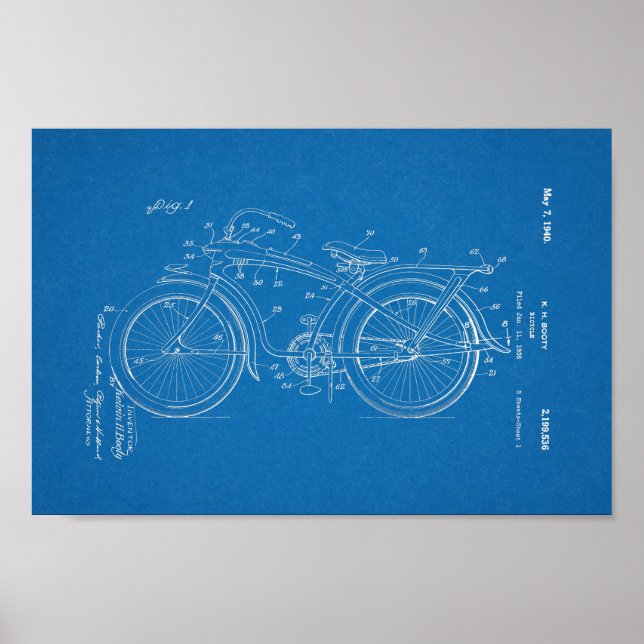 1936 Vintages Fahrrad Patent Blueprint Art Print Poster (Vorne)