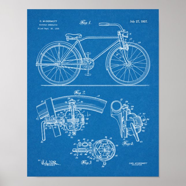 1937 Bicycle Generator Design Patent Art Print Poster (Vorne)