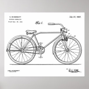 1937 Bicycle Headlamp Design Patent Art Print Poster