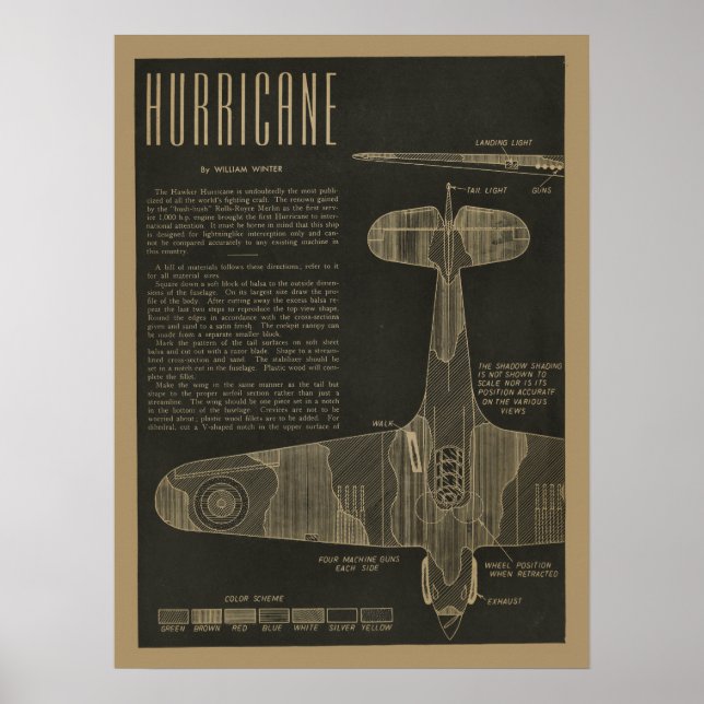 1938 Luftfahrt Hurrikan Flugzeug Design Kunst druc Poster (Vorne)