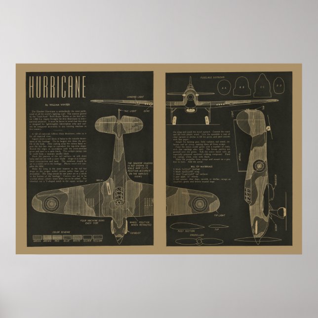 1938 Luftfahrt Hurrikan Flugzeug Design Kunst druc Poster (Vorne)