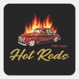 1940 ROTES FRISIERTE AUTO & FLAMES, VINTAGE STRASS QUADRATISCHER AUFKLEBER