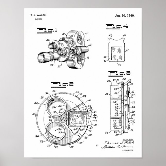 1940 Vintage Kamera Patent Art Zeichnend Print Poster (Vorne)