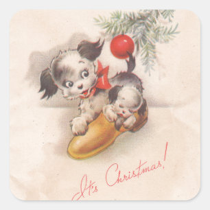 1940er Jahre Vintage Es ist Weihnachten Welpen Hun Quadratischer Aufkleber