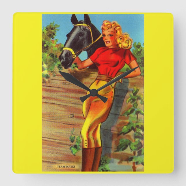 1940s pin-up gal and horse quadratische wanduhr (Vorderseite)