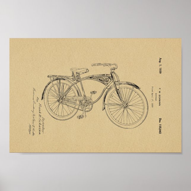 1942 Vintag Schwinn Bicycle Patent Art Print Poster (Vorne)