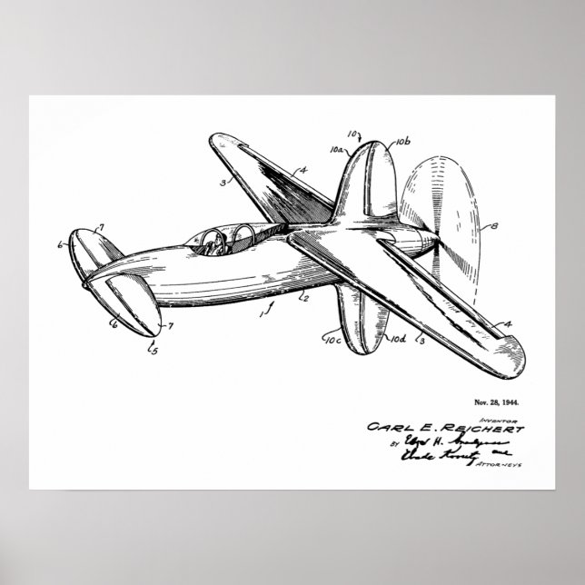 1944 Pusher Flugzeug Patent Art Zeichnend Print Poster (Vorne)