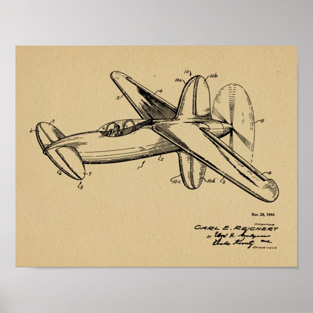 1944 Pusher Flugzeug Patent Art Zeichnend Print Poster (Vorne)