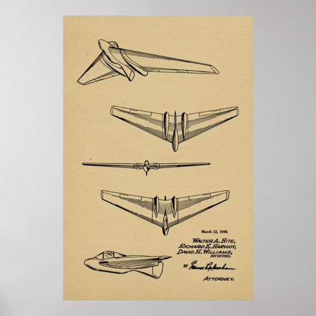 1946 Flying Wing Flugzeug Patent Art Zeichnend Pri Poster (Vorne)