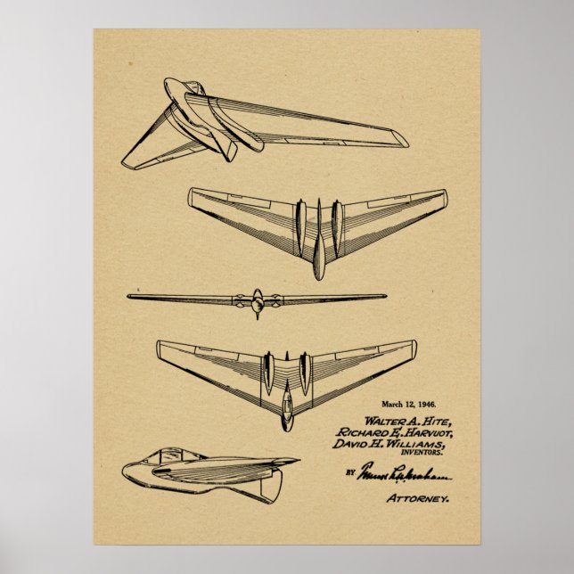 1946 Flying Wing Flugzeug Patent Art Zeichnend Pri Poster (Vorne)