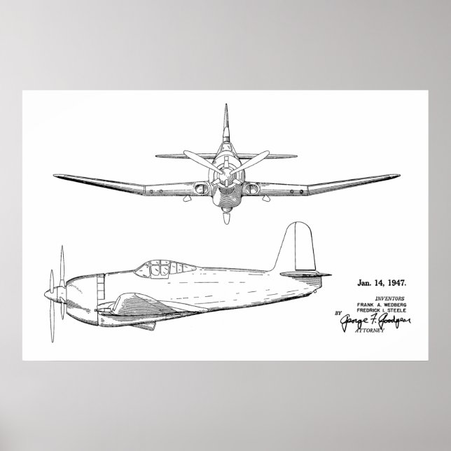 1947 Vintage Flugzeug Patent Zeichnung Kunst Druck Poster (Vorne)