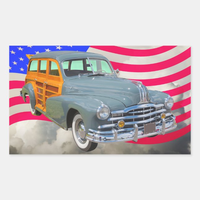 1948 Pontiac Silver Streak Woody und US-Flagge Rechteckiger Aufkleber (Vorderseite)