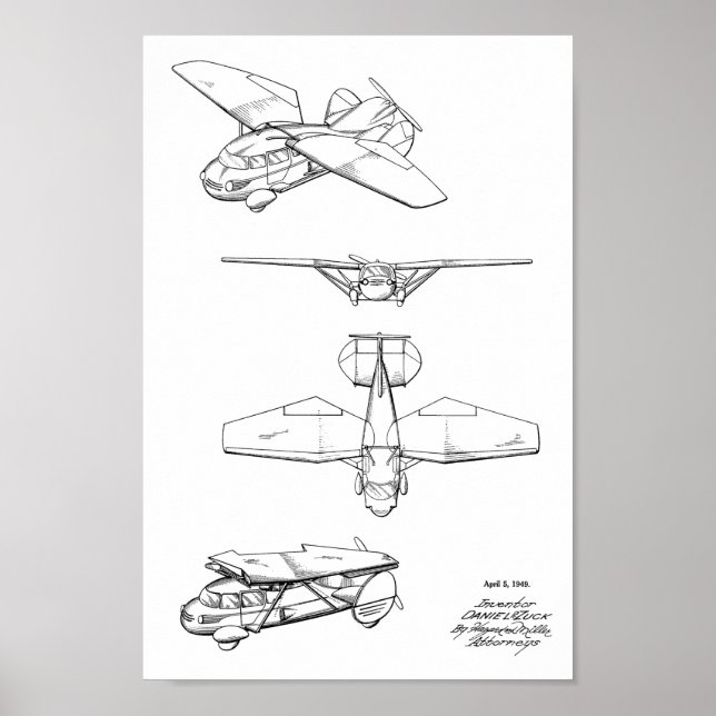 1949 Flying Car Airplane Patent Art Zeichnend Prin Poster (Vorne)